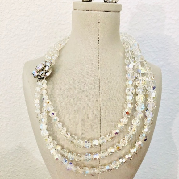 Vintage Deco GORGEOUS Aurora Borealis Rhinestone Necklace Earrings - Picture 7 of 15